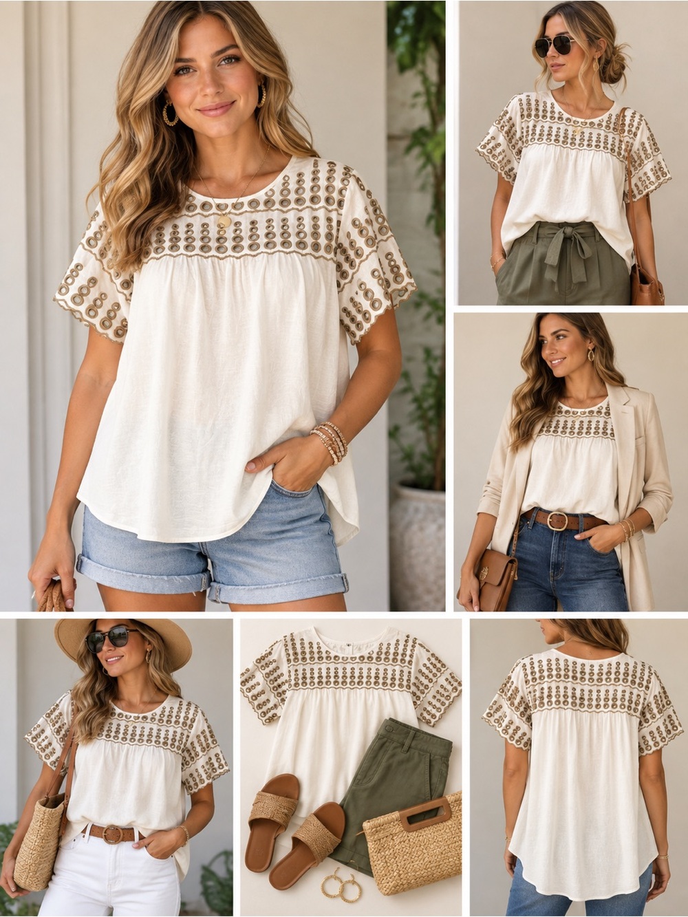 NWT Cupio Cream Embroidered Short-Sleeve Blouse